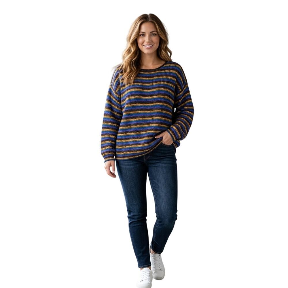 Vintage In Charge Women Sweater Size L/XL Blue Oversized Stripe Knit Retro Comfy